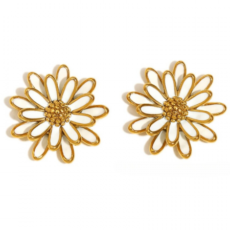 Floral Paradise - Cercei Karrie, auriu cu alb, în formă de margaretă, din oțel inoxidabil placat cu aur 18K