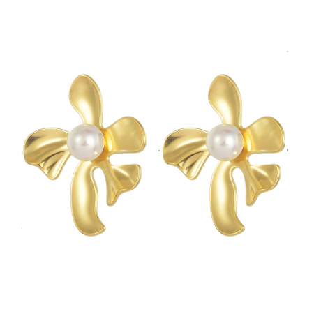 BIJUTERII OȚEL INOXIDABIL - Cercei Mina, aurii, cu perle, din oțel inoxidabil, în formă de floare - Colecția Universe of Pearls