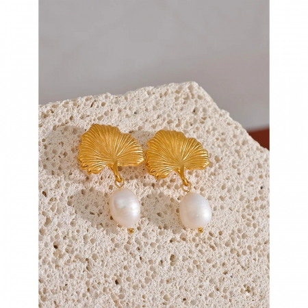 Cercei Ivanna, aurii, cu model frunză, din oțel inoxidabil și perle naturale de cultură, placați cu aur 18K - Colecția Universe of Pearls [5]
