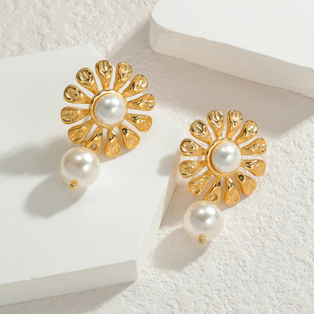 Cercei Florine, aurii, în formă de floare, cu perle, din oțel inoxidabil - Colecția Universe of Pearls [1]