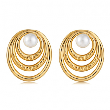 Cercei oțel inoxidabil - Cercei Hadda, aurii, rotunzi, cu perle, din oțel inoxidabil placat cu aur 18K - Colecția Universe of Pearls