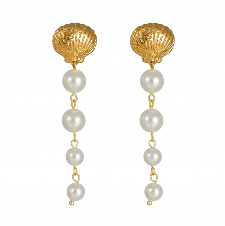 Cercei oțel inoxidabil - Cercei Elvia, aurii, lungi, cu perle, din oțel inoxidabil - Colecția Universe of Pearls