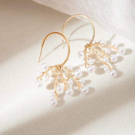Cercei Avriella, aurii, rotunzi, cu perle și model coral, din oțel inoxidabil - Colecția Universe of Pearls [4]