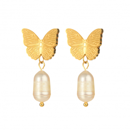 BIJUTERII OȚEL INOXIDABIL - Cercei Daria, aurii, cu perle, în formă de fluture, din oțel inoxidabil - Colecția Universe of Pearls