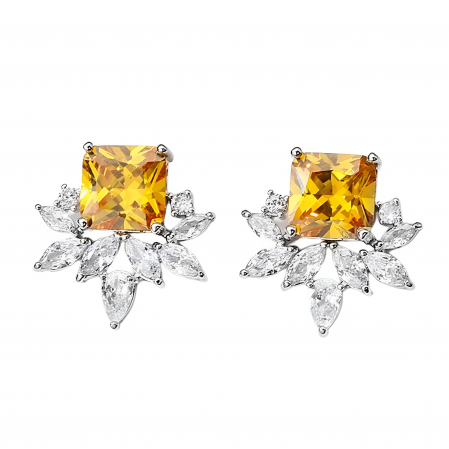 Cercei fashion - Cercei Yessenia, argintii, cu piatră galbenă, tip stud, decorați cu zirconiu