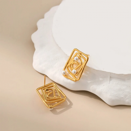 Cercei Novalee, aurii, cu perle și model labirint, din oțel inoxidabil placat cu aur 18K - Colecția Universe of Pearls [4]