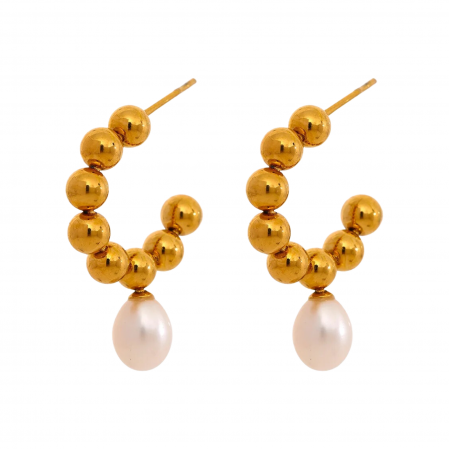 BIJUTERII OȚEL INOXIDABIL - Cercei Hayden, rotunzi, aurii, din oțel inoxidabil și perle naturale de cultură, placați cu aur 18K - Colecția Universe of Pearls
