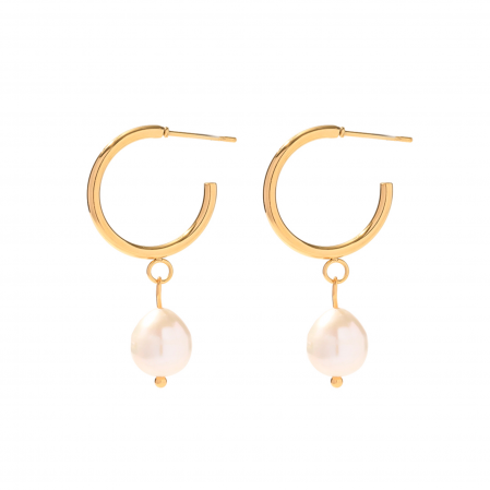 CERCEI - Cercei Celine, rotunzi, aurii, din oțel inoxidabil și perle naturale de cultură, placați cu aur 18K - Colecția Universe of Pearls