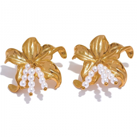 Floral Paradise - Cercei Ina, aurii, cu perle, în formă de floare, din oțel inoxidabil placat cu aur 18K