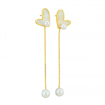 CERCEI - Cercei Isla, aurii, din oțel inoxidabil, decorați cu perle, în formă de inimă - Colecția Universe of Pearls