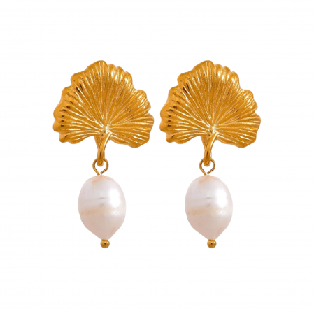 BIJUTERII OȚEL INOXIDABIL - Cercei Ivanna, aurii, cu model frunză, din oțel inoxidabil și perle naturale de cultură, placați cu aur 18K - Colecția Universe of Pearls