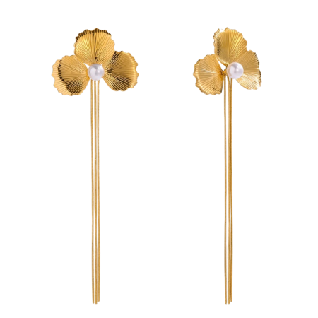 CERCEI - Cercei Ilithya, aurii, lungi, cu perle și model floral, din oțel inoxidabil