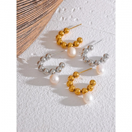 Cercei Hayden, rotunzi, aurii, din oțel inoxidabil și perle naturale de cultură, placați cu aur 18K - Colecția Universe of Pearls [1]