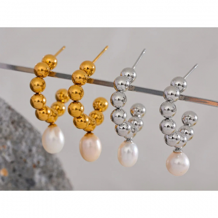 Cercei Hayden, rotunzi, aurii, din oțel inoxidabil și perle naturale de cultură, placați cu aur 18K - Colecția Universe of Pearls [3]