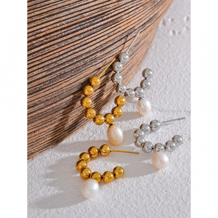 Cercei Hayden, rotunzi, aurii, din oțel inoxidabil și perle naturale de cultură, placați cu aur 18K - Colecția Universe of Pearls [2]