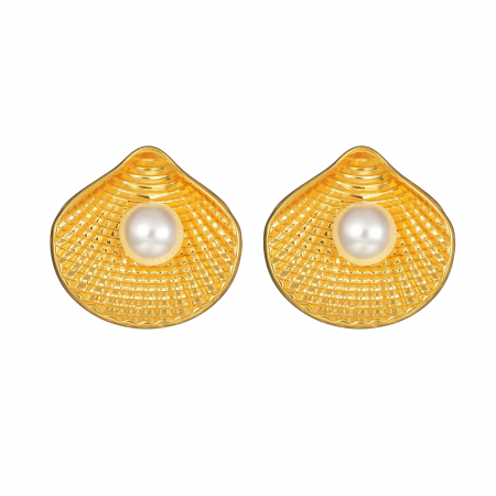 CERCEI - Cercei Ginevra, aurii, cu perle, în formă de scoică - Colecția Universe of Pearls