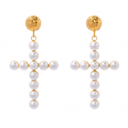 Cercei oțel inoxidabil - Cercei Trinity, aurii, cu perle, în formă de cruce, din oțel inoxidabil placat cu aur 18K - Colecția Universe of Pearls