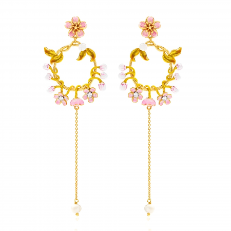 Cercei lungi Anisia, cu model flori de cireș, placați cu aur 18K, din email pictat manual - Colecția Fable [1]