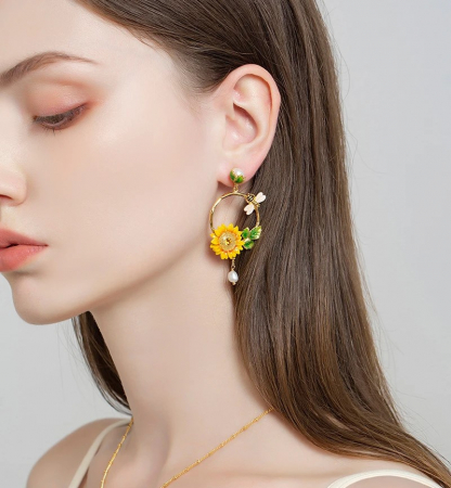 Cercei Sunflower, placați cu aur 18K, din email pictat manual - Colecția Fable [2]