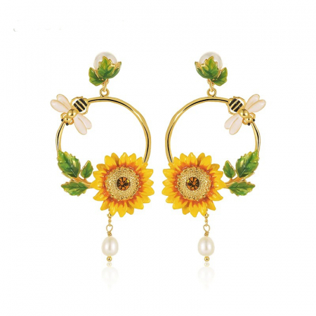 Fable - Cercei Sunflower, placați cu aur 18K, din email pictat manual - Colecția Fable