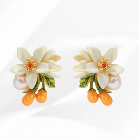 Cercei Eve, în formă de floare de portocal, placați cu aur 18K, din email pictat manual - Colecția Fable [1]