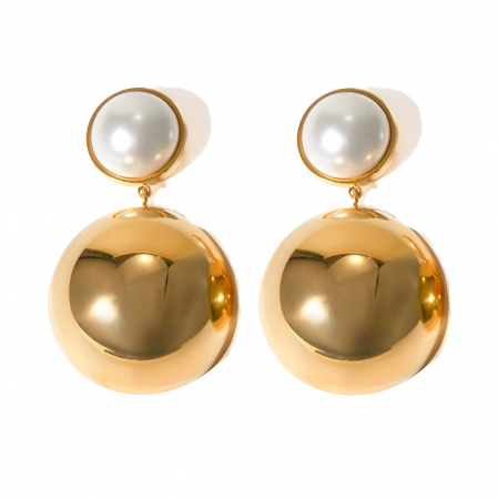 Cercei oțel inoxidabil - Cercei Esmeralda, aurii, rotunzi, cu perle, din oțel inoxidabil placat cu aur 18K - Colecția Universe of Pearls