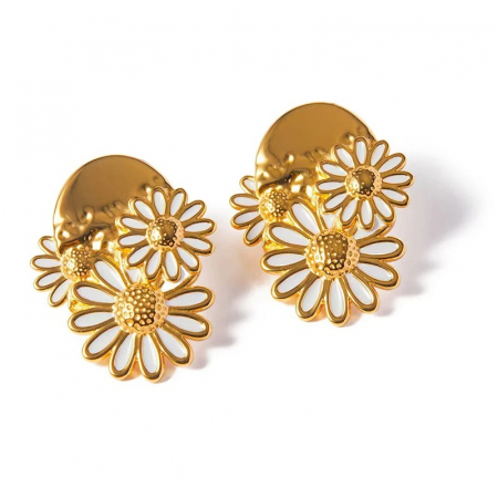 Floral Paradise - Cercei Fannia, aurii, model floral cu margarete, din oțel inoxidabil placat cu aur 18K - Colecția Floral Paradise
