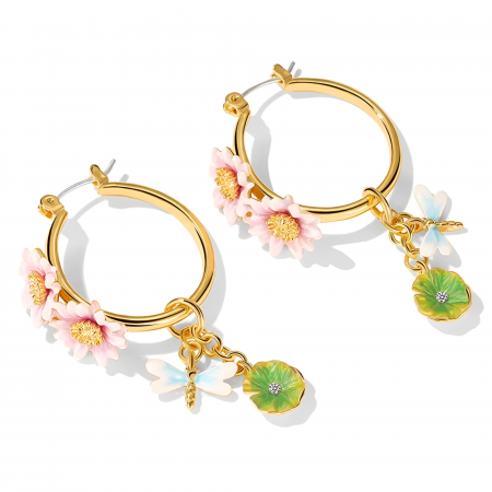 Cercei Lotus, rotunzi, placați cu aur 18K, din email pictat manual, cu model nuferi - Colecția Fable [2]