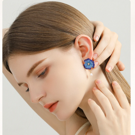 Cercei Orchid, cu perle, placați cu aur 18K, din email pictat manual - Colecția Fable [3]