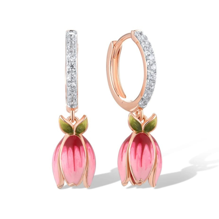 Fable - Tilde Silver earrings, round, rose gold, with tulip shape, 18K gold plated, hand painted enamel - Fable Collection
