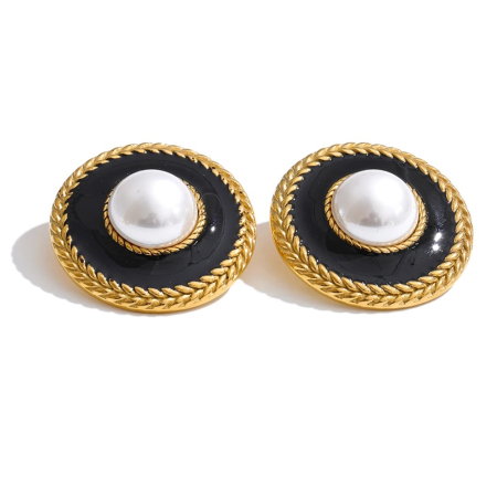 BIJUTERII PLACATE CU AUR - Cercei Sandy, rotunzi, aurii, cu perle și model statement, din oțel inoxidabil placat cu aur 18K - Colecția Universe of Pearls