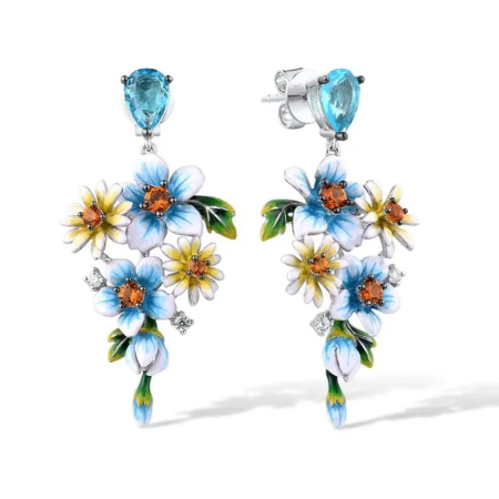 Fable - Brynn long Silver earrings, with flowers and hand-painted enamel - Fable Collection
