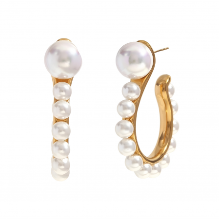 Cercei oțel inoxidabil - Cercei Bessie, rotunzi, aurii, cu perle, din oțel inoxidabil placat cu aur 18K - Colecția Universe of Pearls