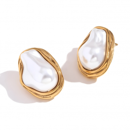 Cercei oțel inoxidabil - Cercei Frieda, aurii, în stil baroc, cu perle, din oțel inoxidabil placat cu aur 18K - Colecția Universe of Pearls