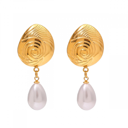 Cercei oțel inoxidabil - Cercei Lydia, aurii, cu perle, din oțel inoxidabil placat cu aur 18K - Colecția Universe of Pearls