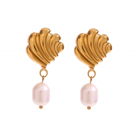 CERCEI - Cercei Naomi, aurii, din oțel inoxidabil și perle naturale de cultură, placați cu aur 18K - Colecția Universe of Pearls