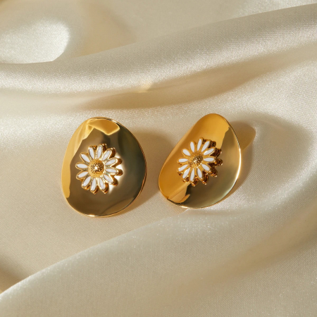Cercei Leola, aurii, rotunzi, din oțel inoxidabil placat cu aur 18K, cu model floral [1]