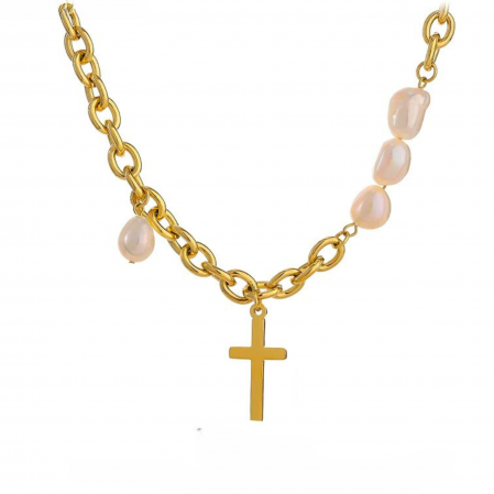 COLIERE - Colier Lacey, auriu, cu pandativ cruce, din oțel inoxidabil și perle naturale de cultură, placat cu aur 18K - Colecția Universe of Pearls