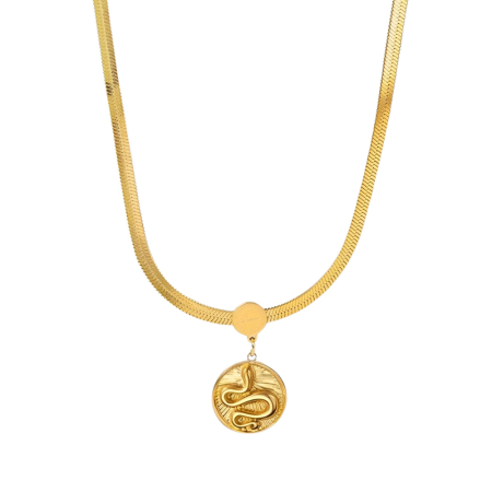 Coliere oțel inoxidabil - Colier Daphne, auriu, din oțel inoxidabil placat cu aur 18K, cu medalion rotund model șarpe