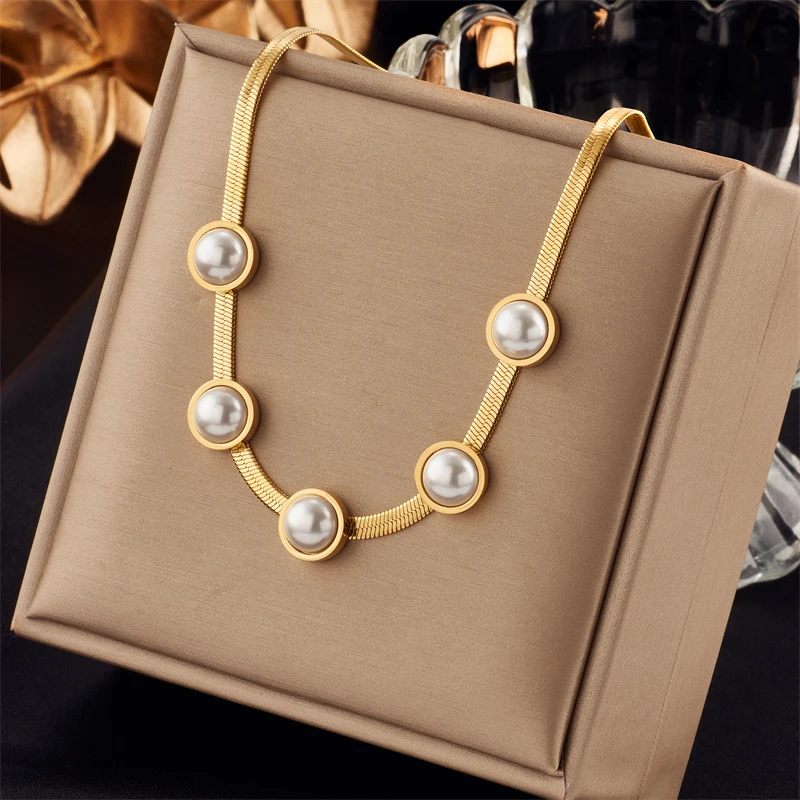 Colier Enisa, auriu, din oțel inoxidabil, model cu perle, tip snake chain - Colecția Universe of Pearls [8]