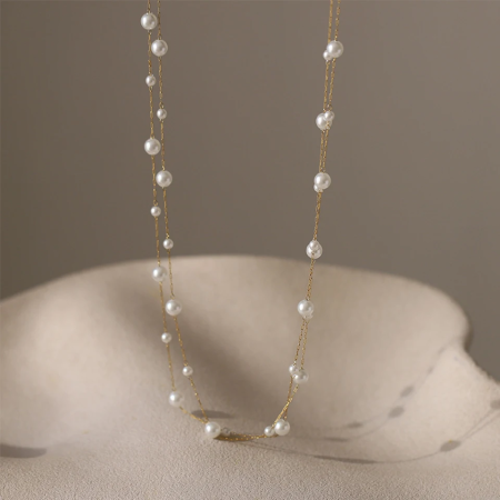 Colier Dora, auriu, cu perle, în 2 straturi, din oțel inoxidabil - Colecția Universe of Pearls [1]