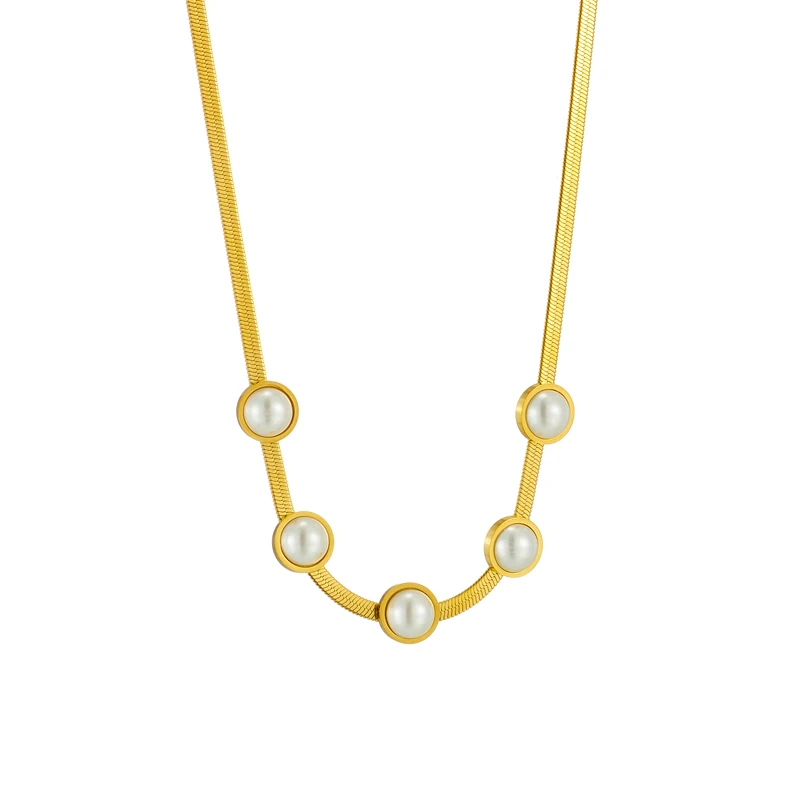 COLIERE - Colier Enisa, auriu, din oțel inoxidabil, model cu perle, tip snake chain - Colecția Universe of Pearls