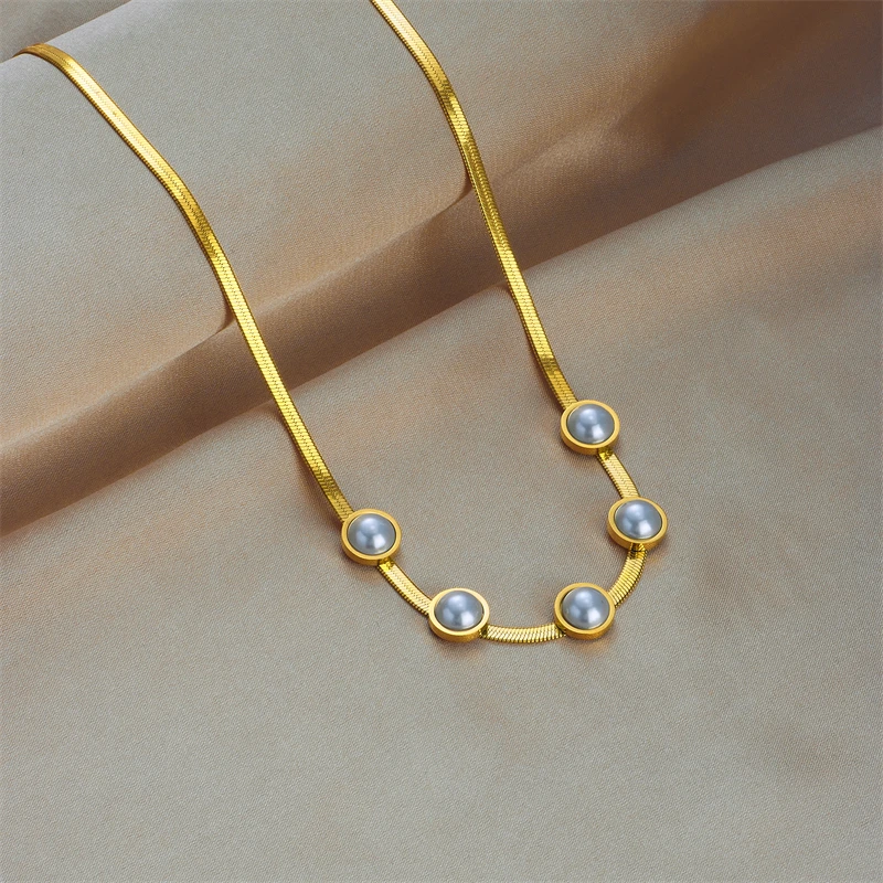 Colier Enisa, auriu, din oțel inoxidabil, model cu perle, tip snake chain - Colecția Universe of Pearls [6]