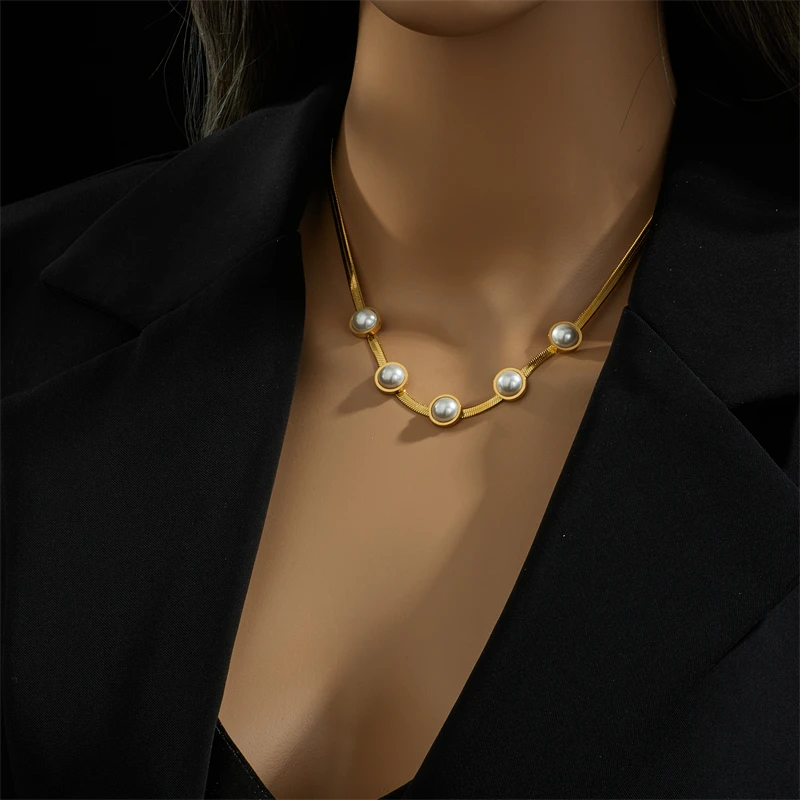 Colier Enisa, auriu, din oțel inoxidabil, model cu perle, tip snake chain - Colecția Universe of Pearls [9]
