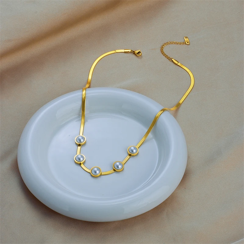 Colier Enisa, auriu, din oțel inoxidabil, model cu perle, tip snake chain - Colecția Universe of Pearls [7]