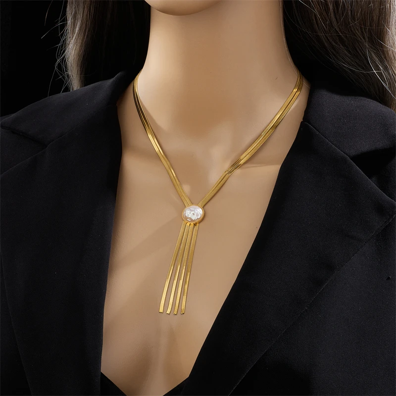 Colier Keira, auriu, cu pandantiv lung cu perlă, din oțel inoxidabil placat cu aur 18K - Colecția Universe of Pearls [4]