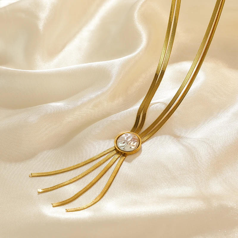 Colier Keira, auriu, cu pandantiv lung cu perlă, din oțel inoxidabil placat cu aur 18K - Colecția Universe of Pearls [6]