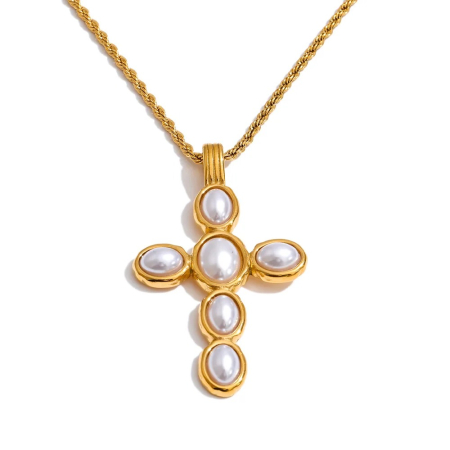 BIJUTERII OȚEL INOXIDABIL - Colier Leandra, auriu, cu perle și pandativ cruce, din oțel inoxidabil placat cu aur 18K - Colecția Universe of Pearls