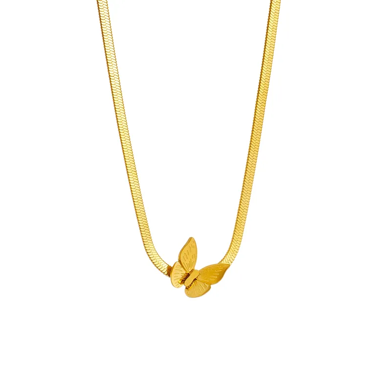 COLIERE - Colier Martha, auriu, din oțel inoxidabil placat cu aur 18K, tip snake chain, cu pandantiv fluture