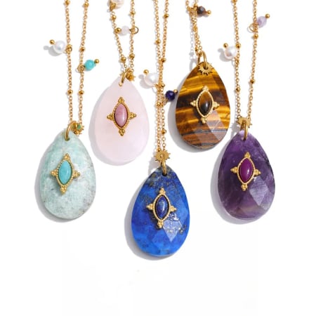 Coliere oțel inoxidabil - Colier Moon, auriu, din pietre naturale și oțel inoxidabil placat cu aur 18K